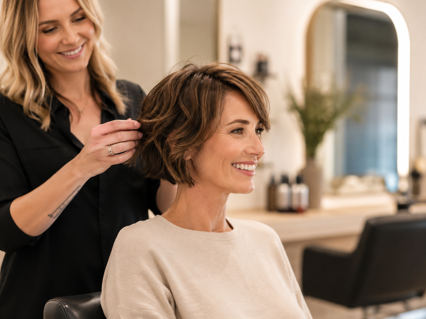 Warm salon styling moment at Willow & Co Hair Studio